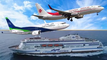 Avion, ferry et avion de ligne illustrant les connexions Algérie-Europe.