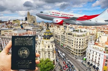 Avion survolant Alger avec un passeport algérien en premier plan.