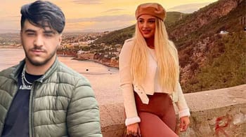 Jeune homme et femme souriants avec paysage de montagne et rivière.