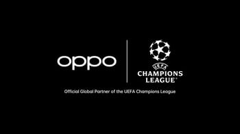 Logo OPPO et UEFA Champions League sur fond noir.