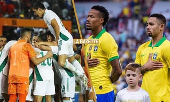 Joueurs de football algériens et brésiliens lors d'un match amical.