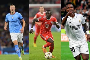 Trois joueurs de football en action lors d'un match de la Ligue des champions.