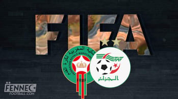 Logos du Maroc et de l'Algérie avec le texte FIFA en arrière-plan.