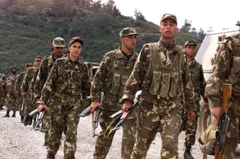 Groupe de soldats militaires en marche dans un environnement naturel.