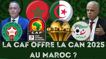 Logo de la CAF, trophée de la CAN 2025, et dirigeants sportifs marocains et algériens.