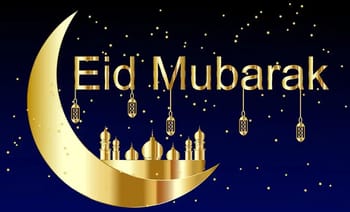 Célébration de l'Eid avec lune et mosquée dorée.