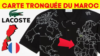 Carte du Maroc illustrée avec logo Lacoste et drapeau français.