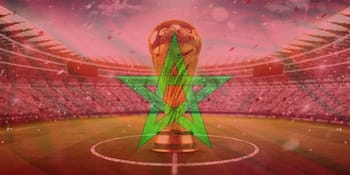 Stade de football avec drapeau marocain et trophée mondial 2030.