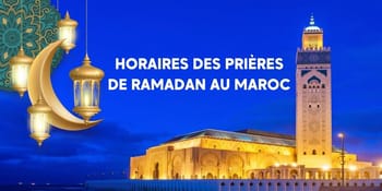 Horaires des prières de Ramadan au Maroc avec mosquée et lune.