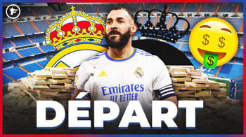 Karim Benzema en maillot du Real Madrid avec un fond de stade vide.