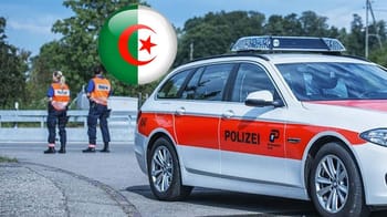 Voiture de police suisse avec drapeau algérien en arrière-plan.