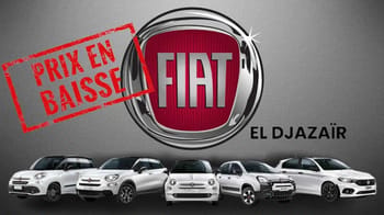 Logo Fiat avec voitures en arrière-plan, promotion en Algérie.