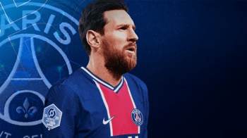 Lionel Messi en maillot du PSG, regardant vers l'horizon.