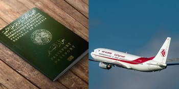 Passeport algérien et avion en vol pour voyager sans visa.