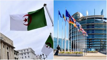 Drapeaux algériens et européens devant des bâtiments officiels.