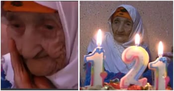 Fatima Maghzouz, pèlerine algérienne âgée de 121 ans, lors de son anniversaire.