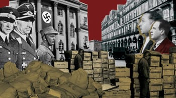 Scène historique avec soldats, nazis et marchandises clandestines.