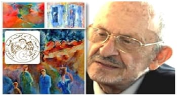 Portrait de Mohamed Bouzid avec ses œuvres artistiques colorées.