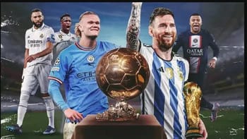 Joueurs de football célèbres avec trophées et ballon d'or 2023.