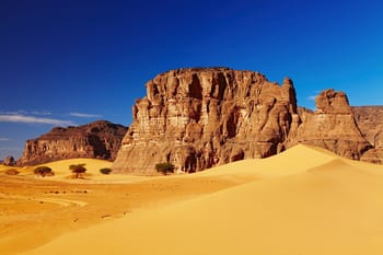 Paysage du Sahara algérien avec dunes et formations rocheuses.