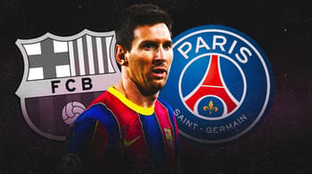 Lionel Messi en maillot FC Barcelone et Paris Saint-Germain.
