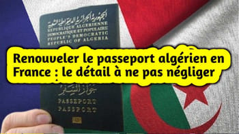 Passeport algérien avec drapeau algérien et français en fond.
