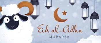 Image festive pour l'Aïd al-Adha avec mouton, lune et lanternes.