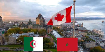Drapeau du Canada et du Maroc flottant sur la ville de Montréal.