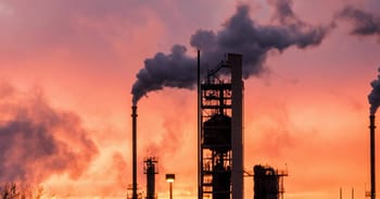 Fumée industrielle s'élevant au coucher du soleil dans un site pétrolier.