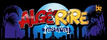 Logo du festival Algé’Rire avec silhouettes de palmiers et skyline d'Alger.