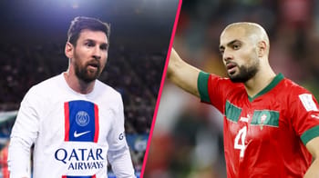 Lionel Messi et Sofyan Amrabat lors d'un match de football.