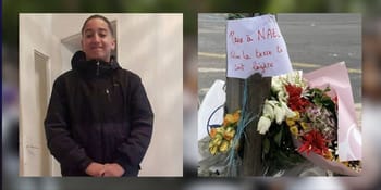 Fleurs et message en hommage à Nahel, victime en France.