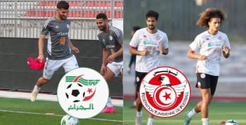 Joueurs de football algériens et tunisiens lors d'un entraînement.