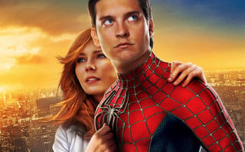 Spider-Man et Mary Jane dans une scène de film avec un ciel coloré.