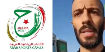 Logo des Jeux Arabes 2023 avec carte de l'Algérie et drapeau.