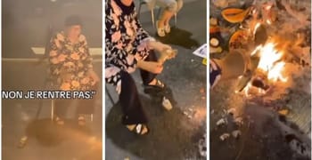 Une mère algérienne grille un Bouzellouf lors d'une manifestation en France.