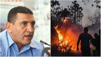 Karim Tabbou lors d'une conférence, incendie dans la forêt en arrière-plan.