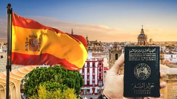 Drapeau espagnol et passeport dans le centre historique de Séville.