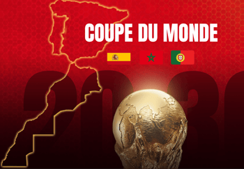 Logo de la Coupe du Monde 2030 avec carte du Maroc et drapeaux.