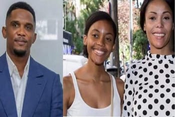 Samuel Eto'o avec sa fille et une amie, souriants en extérieur.