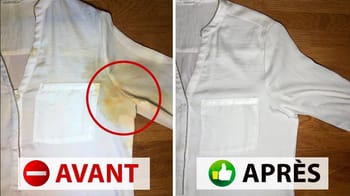 Vêtements blancs avec tache jaune avant et après nettoyage.