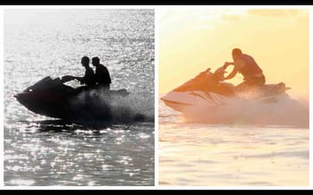 Deux personnes sur un jet ski au coucher du soleil, scène paisible et sportive.