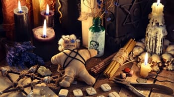 Objets vaudous, bougies, crânes et poupées dans un rituel.