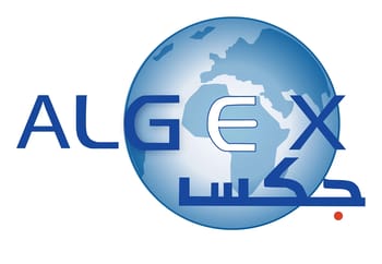 Logo d'Algex avec globe terrestre et texte en arabe et français.
