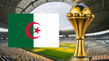 Stade de football avec logo de l'Algérie et trophée de la CAN 2025.