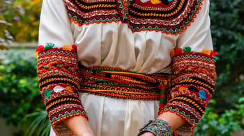 Femme portant une robe kabyle avec broderies colorées.