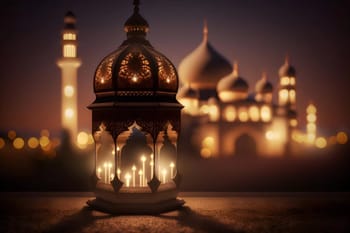 Lanterne illuminée avec mosquée en arrière-plan pour Mawlid Nabawi 2023.