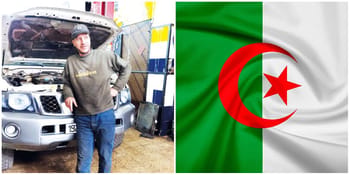 Homme devant un moteur avec drapeau algérien en arrière-plan.
