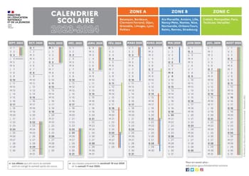 Calendrier scolaire 2023-2024 en Algérie avec zones A, B, C.
