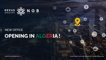 Nexus Groupe annonce son ouverture en Algérie avec une image de réseau digital.